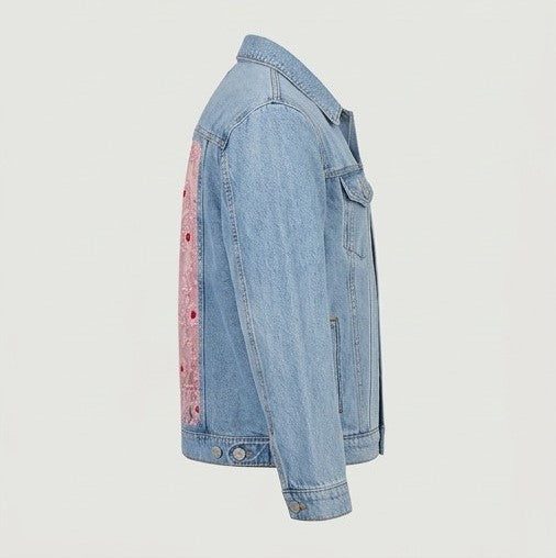 Custom Pink Floral Embroidered Lace-Back Denim Jacket -Beaded Mesh Panel Trucker